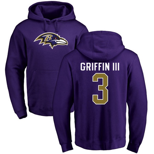 Men Baltimore Ravens Purple Robert Griffin III Name and Number Logo NFL Football 3 Pullover Hoodie Sweatshirt